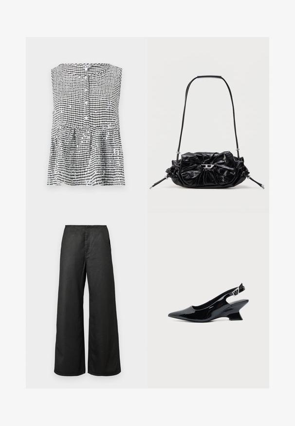 Haut sans manches noir et blanc à carreaux avec un devant à boutons et un ourlet en peplum, présentant un tissu texturé et des sequins brillants.; Pantalons larges noirs avec poches avant et taille haute, fabriqués à partir d'un tissu lisse, présentés sur un fond clair.; Chaussure slingback en cuir verni noir avec bout pointu et petit talon bloc incliné sur fond clair uni.; Sac à main en cuir noir avec un design froncé et un détail en forme de nœud sur le devant. Dispose d'une poignée courte et d'accents de quincaillerie argentée.