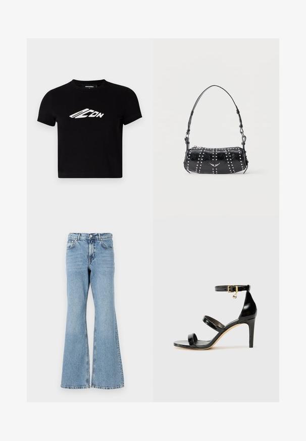 Sort bomulds cropped t-shirt med korte ærmer og et hvidt logo grafik på fronten. Glat tekstur, rund halsudskæring.; Lys blå denim flared jeans med høj talje, featuring knaplukning, fem lommer og en falmet vask med subtile whiskers.; Sorte patenterede lædersandaler med tre stropper, ankelspænde og 10 cm stiletthæl. Har detaljer i guld og et logo charms.; Sort skuldertaske i laklæder med sølvnitter i lodrette rækker og et lille sølvfugleemblem midt på fronten.