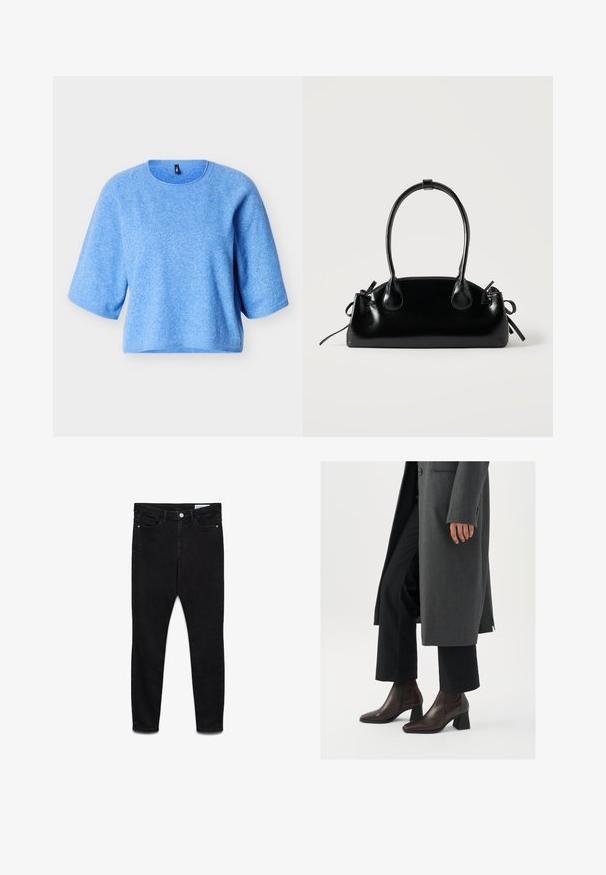 Pull en tricot bleu, à manches courtes, avec un col rond et un ourlet côtelé. Texture douce avec une coupe légèrement ample. Sans motifs ni accents visibles.; Jeans skinny noirs taille haute avec bouton et fermeture éclair à l’avant, deux poches avant et deux poches arrière, présentés à plat sur fond blanc.; Bottines à talons hauts en cuir marron foncé avec un bout pointu et un talon carré, associées à un pantalon noir et un manteau gris.; Petit sac à main noir brillant avec deux longues anses et des détails à cordon sur les côtés sur un fond clair uni.