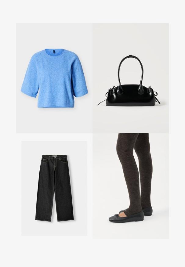 Blå, kortærmet, strikket sweater med rund halsudskæring og ribbet kant. Blød tekstur med en let løs pasform. Ingen synlige mønstre eller accenter.; Sorte denim bukser med bred ben, der har fem lommer, metalknap og lynlås lukning samt kontrasterende gul syning langs sømmene.; Ben iført mørke ribbede leggings kombineret med sorte balletsko med små sløjfedetaljer på hvid baggrund.; Lille sort blank håndtaske med to lange håndtag og snøre-detaljer i siden på en ensfarvet lys baggrund.