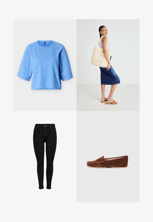 Blå, kortærmet, strikket sweater med rund halsudskæring og ribbet kant. Blød tekstur med en let løs pasform. Ingen synlige mønstre eller accenter.; Sorte højtaljede skinny jeans med forreste knap, bæltestropper og fem-lomme design, vist mod en hvid baggrund.; Brun loafer i ruskind med mokkasinsyning og en lav beige sål, vist i sideprofil mod en ensfarvet lys baggrund.; Quiltet beige tote bag med tykke håndtag, rummelig design og blød tekstur, holdt af en person iført en lys lilla top og blå denimnederdel.
