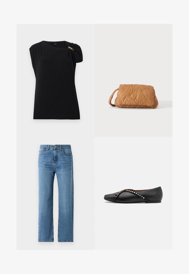 Schwarzes ärmelloses Oberteil mit gerafftem Detail und goldfarbenem Verschluss auf der linken Schulter, glatter Stoff, Rundhalsausschnitt.; Blaue gerade geschnittene Jeans mit Fronttaschen, Gürtelschlaufen und Knopfverschluss vor einem schlichten weißen Hintergrund.; Schwarze Lederflats mit spitzer Zehenform, ausgestattet mit einem dekorativen Riemen mit silbernen Nieten und einer Schnallenoptik. Glatte Textur, minimalistisches Design.; Beige gesteppte Leder-Clutch mit Blumenstickerei und kleinem Handgelenksriemen vor einem einfarbigen weißen Hintergrund.