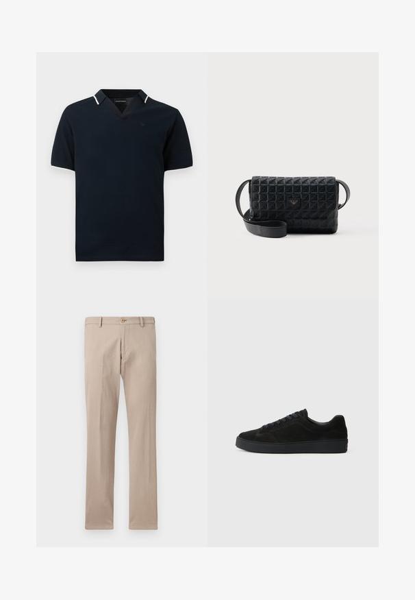 Polo bleu marine à manches courtes avec bordure blanche sur le col et les bords des manches, doté d'une encolure en V et d'un logo discret sur la poitrine.; Pantalon beige à jambes droites avec passants pour ceinture, fermeture avant par bouton, et poches, présenté sur un fond blanc uni.; Basket en suède noire avec une semelle plate et texturée, un bout rond, six œillets pour les lacets et un design minimaliste.; Sac bandoulière noir texturé avec une fermeture à rabat et un petit logo en métal sur le devant, présenté sur un fond uni.