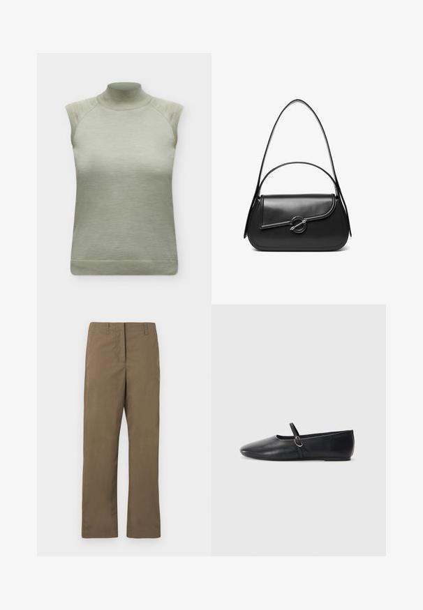 Top de punto sin mangas de color verde claro con cuello alto acanalado y bordes acanalados en los hombros y el dobladillo.; Pantalones rectos marrones hechos de una mezcla de algodón. Cuentan con passantes para cinturón, un bolsillo frontal y una textura suave sin patrones.; Bailarinas de cuero negro con punta afilada, suela plana y una pequeña correa con detalle de hebilla plateada.; Bolso de hombro de cuero negro con una solapa curva asegurada por un broche metálico redondo y una correa delgada y ajustable.