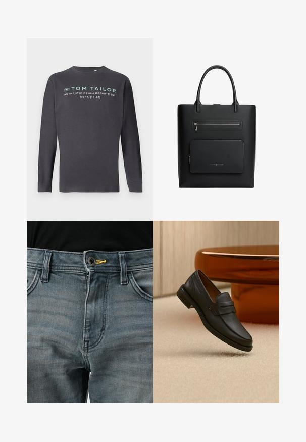 TOM TAILOR PRINTED - Longsleeve - tarmac grey; Vervaagde blauwe denim jeans met knoopsluiting, gele accenten bij de tailleband en een klassiek vijf-pocket ontwerp. De textuur lijkt zacht en versleten.; Zwarte leren herensloffen met een band over de bovenkant, getoond op een beige tapijt vlakbij een bruine moderne ronde tafel.; Zwarte rechthoekige tote bag met twee handvatten, voorzien van een bovenvak met ritssluiting en een voorvak met rits met subtiel merkembleem.