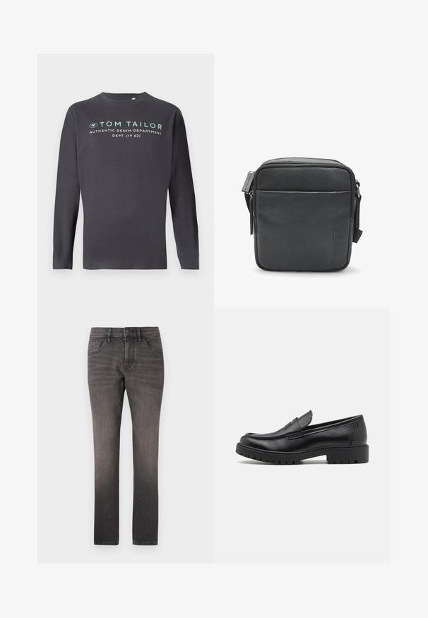 TOM TAILOR PRINTED - Langærmet T-shirt - tarmac grey; TOM TAILOR JOSH - Jeans Straight Leg - used dark stone black denim; Sorte læder loafers med rund tå, slip-on design og tyk gummisål med tekstureret greb. Forhøjet hæl og subtile syninger.; Sort læder crossbody taske med en tekstureret finish, der har en top zip-lukning og en frontlomme med lynlås. Kompakt og kvadratisk design.