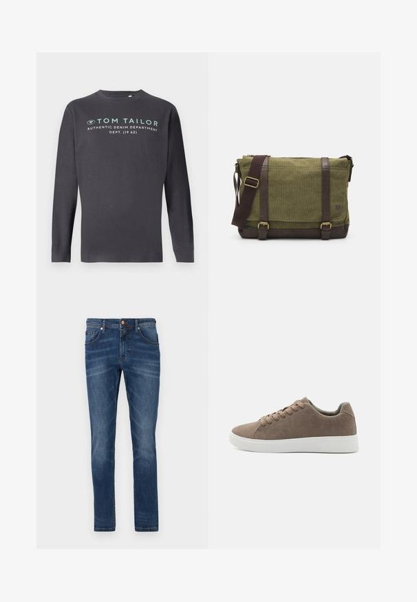 TOM TAILOR PRINTED - Langarmshirt - tarmac grey; Dunkelblaue Jeans aus Denim mit geradem Bein, fünf Taschen, dezente Verwaschungen, kontrastierende Nähte und einem Knopfverschluss an der Taille.; Braune Wildledersneaker mit flachen weißen Gummisohlen, Schnürdesign, abgerundete Zehen und einer glatten Textur. Minimalistischer Stil mit dezenten Nähdetails.; Grüne Stoff-Umhängetasche mit braunen Lederakzenten, einer Vorderklappe, verstellbarem Schultergurt und Reißverschlussverschluss an der Oberseite. Ausgestattet mit goldenen Beschlägen.