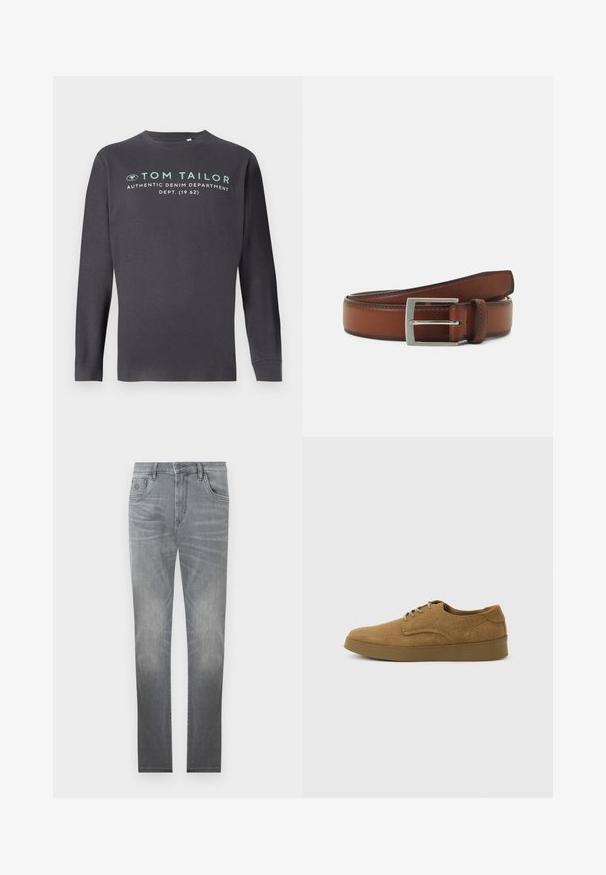 TOM TAILOR PRINTED - Langærmet T-shirt - tarmac grey; Grå denim jeans med et falmet design, fem-lommer stil, knaplukning og lige ben. Glat tekstur med let slid ved kanterne.; Brun ruskindslærredsko med snørebånd og flad gummisål, set fra siden på en ensfarvet lys baggrund.; Brun læderbælte med en sølv rektangulær spænde, der har diskrete syninger og en glat tekstur.
