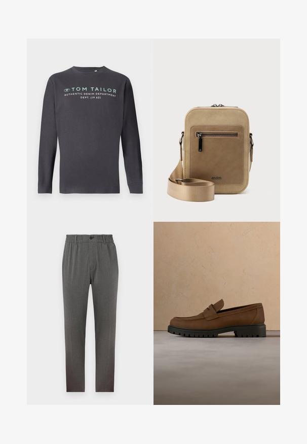 TOM TAILOR PRINTED - Langarmshirt - tarmac grey; Graue Hose mit maßgeschneidertem Design, ausgestattet mit einem elastischen Bund, Knopfverschluss und geraden Beinen; gefertigt aus weichem, strukturiertem Stoff.; Dunkelbrauner Lederloafer mit dicker schwarzer Gummisohle, dargestellt über beigem Teppich und Sofa-Hintergrund.; Kleine beige Umhängetasche mit vorderer Reißverschlusstasche, metallischem ALDO-Logo, verstellbarem breitem Riemen und abgerundeter rechteckiger Form vor weißem Hintergrund.
