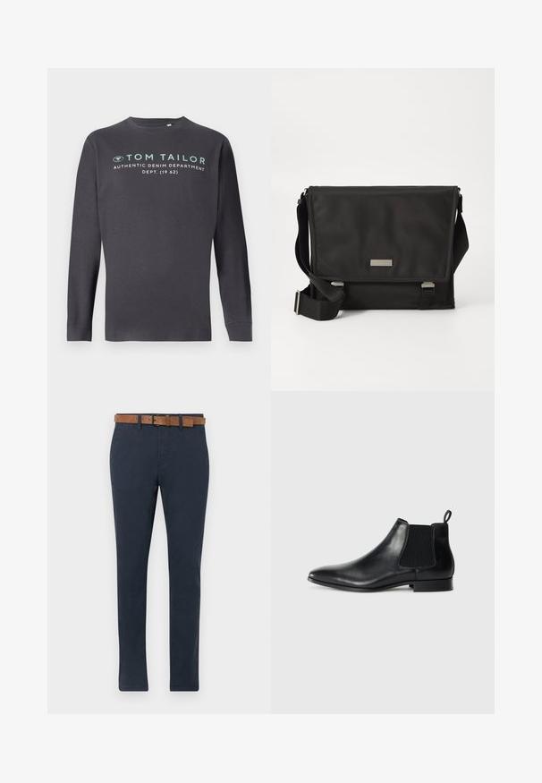 TOM TAILOR PRINTED - Langærmet T-shirt - tarmac grey; Mørkeblå chinos lavet af bomuld med en glat tekstur. Har et brunt ruskindsbælte med spænde og lige ben-design.; Sort læder Chelsea-støvle med elastiske sidepaneler, rundet tå, lav hæl og trækflig bagpå, vist på en enkel lys baggrund.; Sort messenger taske lavet af nylon med en mat finish. Har en klaplukning, justerbar rem og en lille metal logo plade.