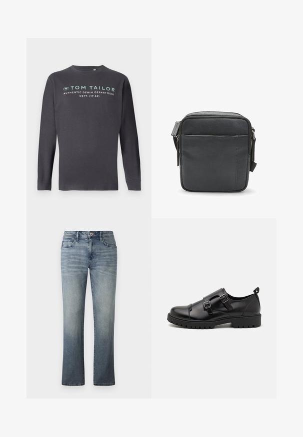 TOM TAILOR PRINTED - Top s dlhým rukávom - tarmac grey; Svetlo umývané džínsy s rovnými nohavicami, päť vreciek, kovová gombíková príprava a jemné vyblednuté detaily.; Pier One by Zalando Elegantné našuchovačky - black; Čierna kožená crossbody taška s textúrovaným povrchom, vybavená horným zipsovým uzáverom a prednou zipsovou kapsou. Kompaktný a štvorcový dizajn.
