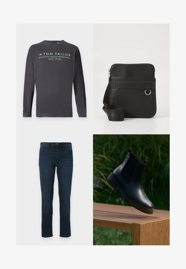 TOM TAILOR PRINTED - Langarmshirt - tarmac grey; Dunkelblaue Denim-Jeans mit geradem Bein, fünf Taschen, einem Knopfverschluss und dezentem Verblassen an der Vorderseite.; Schwarze Leder-Stiefelette mit elastischen Seitenpaneelen, schwebend über einer hölzernen Bank, mit grünem Laub im Hintergrund.; Schwarze Umhängetasche aus strukturiertem Leder, mit Reißverschluss, vorderem Riemen mit Logo und einem Metallring-Akzent. Verstellbarer Riemen für Vielseitigkeit.
