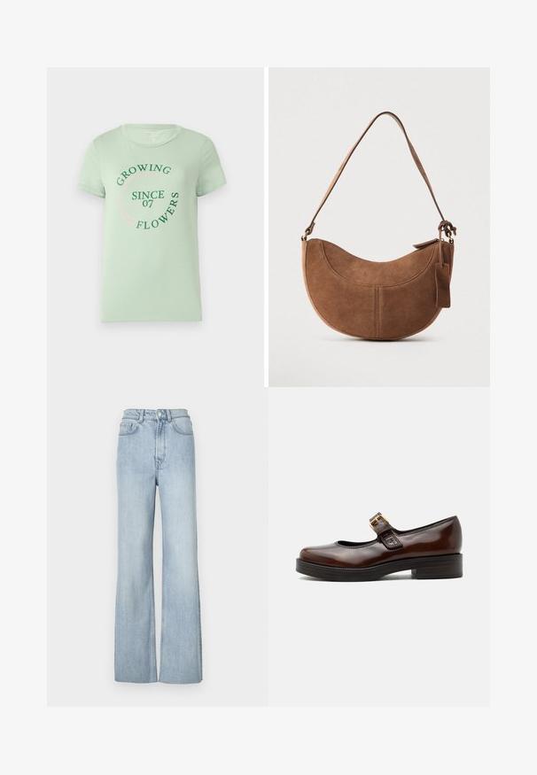 Hellgrünes Baumwoll-T-Shirt mit kurzen Ärmeln. Auf der Vorderseite befindet sich ein runder Text: "Blumen wachsen seit 07" in grün und pink. Rundhalsausschnitt.; Hellblaue, ausgestellte Jeans mit hoher Taille, die vordere Taschen und dezente Nähte entlang der Beine aufweist.; Dunkelbrauner Mary Jane Schuh mit glänzendem Finish, runder Spitze, niedrigem Blockabsatz und goldener Schnalle über dem Spann.; Braune Wildleder-Handtasche mit geschwungener, halbmondförmiger Form. Verfügt über einen Schulterriemen, ein kleines Etikett und sichtbare Nähte entlang der Kanten.