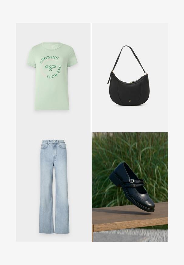 Lichtgroene katoenen T-shirt met korte mouwen. De voorkant heeft cirkelvormige tekst: "Bloemen Groeien Sinds 07" in groen en roze. Rond de hals.; Lichtblauwe spijkerbroeken met een hoge taille en flared model, uitgerust met voorzakken en subtiele stikseldetails langs de benen.; Zwarte leren Mary Jane-schoen met dubbele gespsluitingen en brogue-details, zwevend boven een houten bankje met groene grasachtergrond.; Zwarte leren handtas met een gebogen vorm, textuuroppervlak, voornaden en een logo in goudkleur. Beschikt over een enkele verstelbare schouderband.