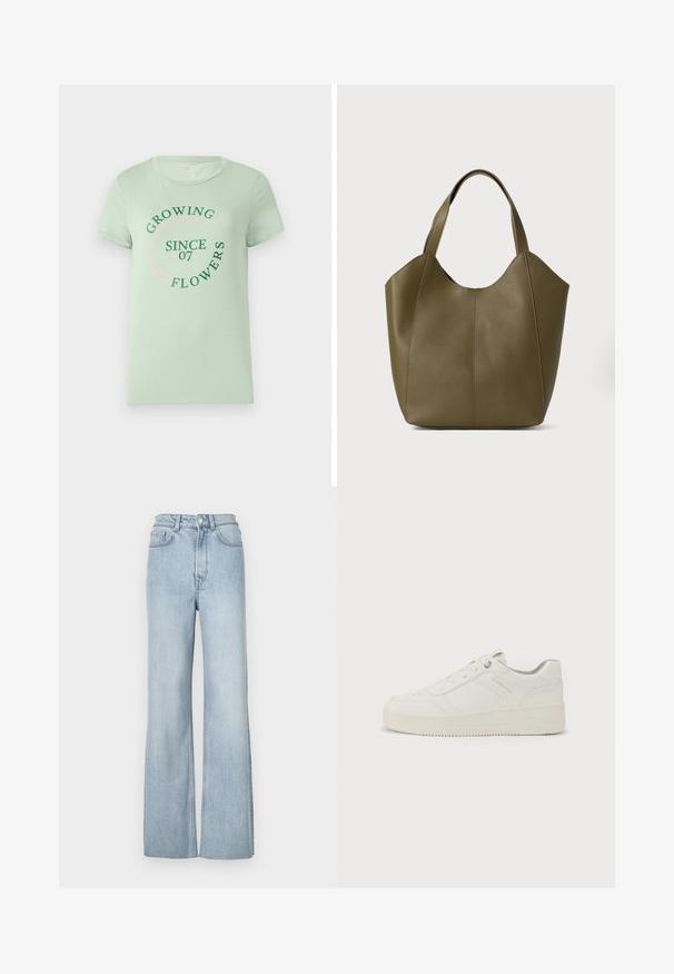 Hellgrünes Baumwoll-T-Shirt mit kurzen Ärmeln. Auf der Vorderseite befindet sich ein runder Text: "Blumen wachsen seit 07" in grün und pink. Rundhalsausschnitt.; Hellblaue, ausgestellte Jeans mit hoher Taille, die vordere Taschen und dezente Nähte entlang der Beine aufweist.; Weißer Sneaker mit glattem Ledermantel, runder Zehenpartie, sechs Ösen, gepolstertem Kragen und strukturiertem Gummisohle. Dezentes Markenlogo an der Seite.; Olivgrüne Leder-Tasche mit doppelten Trägern, glatter Textur und vierteiliger Gestaltung. Verstärkte Nähte entlang der Nähte für Langlebigkeit.