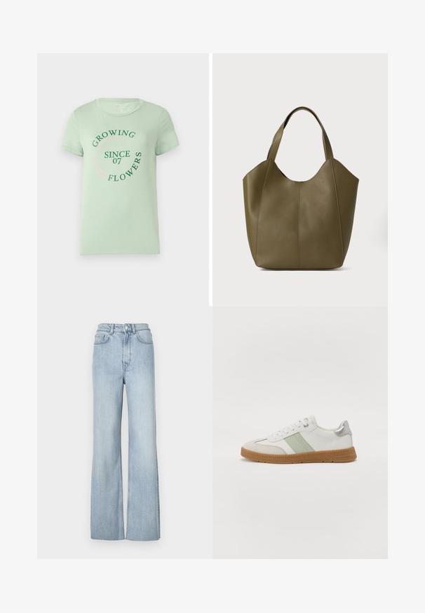 Lys grøn t-shirt i bomuld med korte ærmer. Forsiden prydes af cirkulær tekst: "Vokser Blomster Siden 07" i grøn og pink. Rundet halsudskæring.; Lyseblå denim flared jeans med høj talje, der har frontlommer og subtile syninger langs benene.; TOM TAILOR Sneakers - white/mint; Oliven grøn læder tote taske med dobbelte håndtag, glat tekstur og fire panel design. Forstærket syning langs sømmene for holdbarhed.