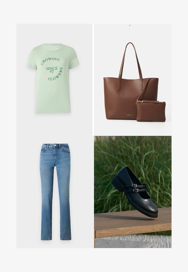 Lichtgroene katoenen T-shirt met korte mouwen. De voorkant heeft cirkelvormige tekst: "Bloemen Groeien Sinds 07" in groen en roze. Rond de hals.; Lichtblauwe denim jeans met een rechte pijp, voorzien van een ritssluiting, knoopsluiting en gestikte zakken aan de voor- en achterkant.; Zwarte leren Mary Jane-schoen met dubbele gespsluitingen en brogue-details, zwevend boven een houten bankje met groene grasachtergrond.; Bruine neplederen schoudertas met twee lange handvatten en een bijpassend klein pouch. Het oppervlak heeft een gestructureerd patroon en gouden hardware accenten.