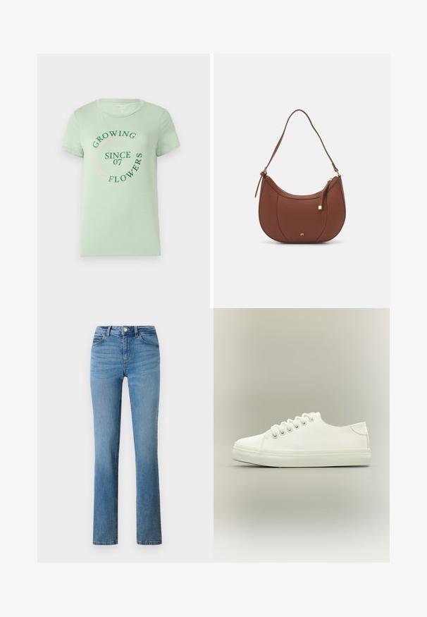 Camisa de algodón verde claro con mangas cortas. En el frente presenta un texto circular: "Cultivando Flores Desde 07" en verde y rosa. Con cuello redondeado.; Jeans de mezclilla azul claro con diseño de pierna recta, con cremallera, cierre de botón y bolsillos cosidos en la parte delantera y trasera.; Zapatilla blanca baja con cordones blancos y suela de goma mostrada desde vista lateral sobre un fondo neutro.; Bolso de hombro de imitación cuero marrón con forma curva, costura mínima y un acento de hardware en tono dorado. Presenta un cierre de cremallera en la parte superior y una correa ajustable.