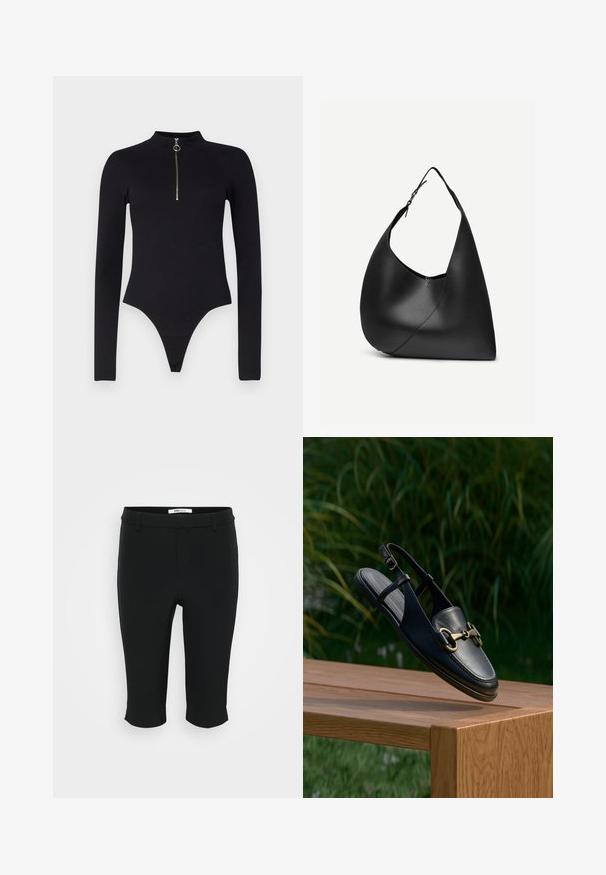 Noisy May NMTONI BODY - Top s dlhým rukávom - black; Čierne trojštvrťové nohavice vyrobené z hladkej tkaniny. Majú plochý predný diel s pútkami na opasok a skrátený lem. Jednoduchý dizajn bez viditeľných vzorov.; Čierna kožená slingback obuv s okrúhlou špičkou, zlatými kovovými doplnkami a hladkou textúrou, zobrazená na drevenom povrchu.; Čierna kožená kabelka na rameno s oblým trojuholníkovým tvarom, jedným nastaviteľným remienkom a viditeľným diagonálnym švom na prednej strane.