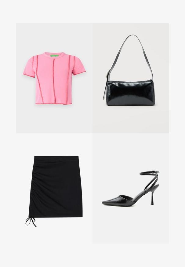 Camiseta corta rosa con cuello redondo, mangas cortas y costuras de contraste en rojo, con un diseño recortado.; Mini falda negra hecha de una tela suave, con frunces laterales y lazos en el dobladillo. Textura suave con una silueta ajustada.; Zapato de tacón alto negro de punta fina con delgadas correas en el tobillo y cierre de hebilla plateada sobre un fondo liso claro.; Bolso de hombro rectangular negro con una correa ajustable y un cierre de cremallera superior sobre un fondo liso.