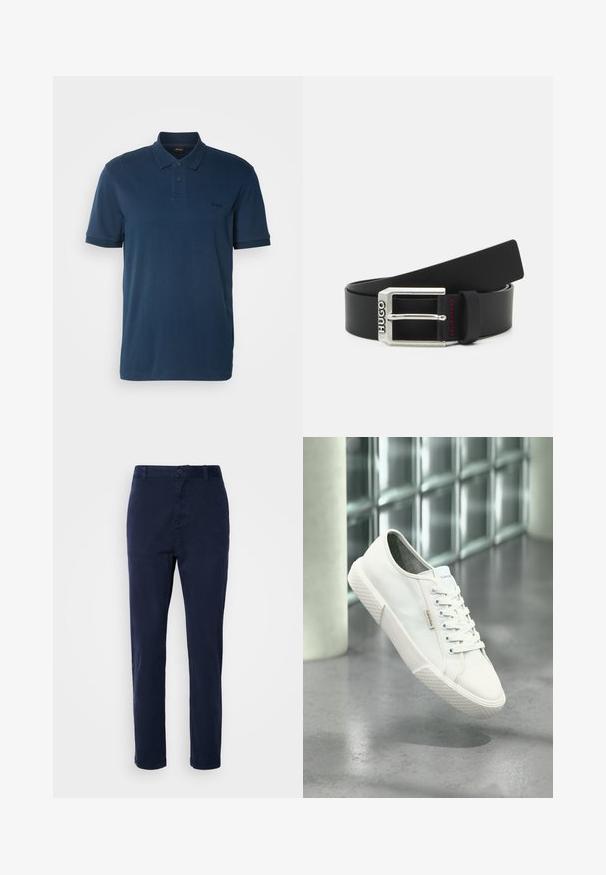 BOSS Polokošeľa - open blue; Námornícke modré chinos nohavice vyrobené z ľahkej tkaniny, s rovnými nohami, zapínaním na gombík a bočnými vreckami. Hladká textúra bez vzorov.; Biela nízka teniska Calvin Klein so šnúrkami, gumovou podrážkou a logom, ktorá sa vznáša nad sivou leštenou podlahou pri stene z sklenených blokov.; Čierny kožený opasok so striebornou kovovou prackou s gravírovaným nápisom "HUGO," so červeným kontrastným prešívaním na pútku opaska.