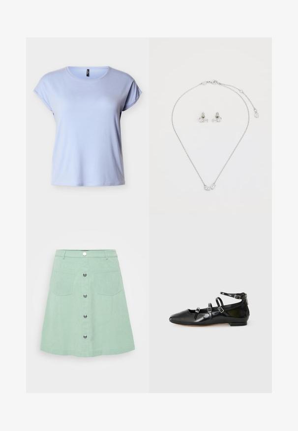 Lyseblå T-shirt med korte ærmer lavet af blødt stof med rund hals og løs pasform, med opkørte ærmer og en lige kant.; Mintgrøn denimnederdel med knaplukning, to forlommer og en flared design. Struktureret stof med synlige syninger.; ALDO NELTA - Ballerinasko - black; Sølvkæde med to distinkte, glitrende sten og matchende stud Øreringe med rektangulær og rund klar design.