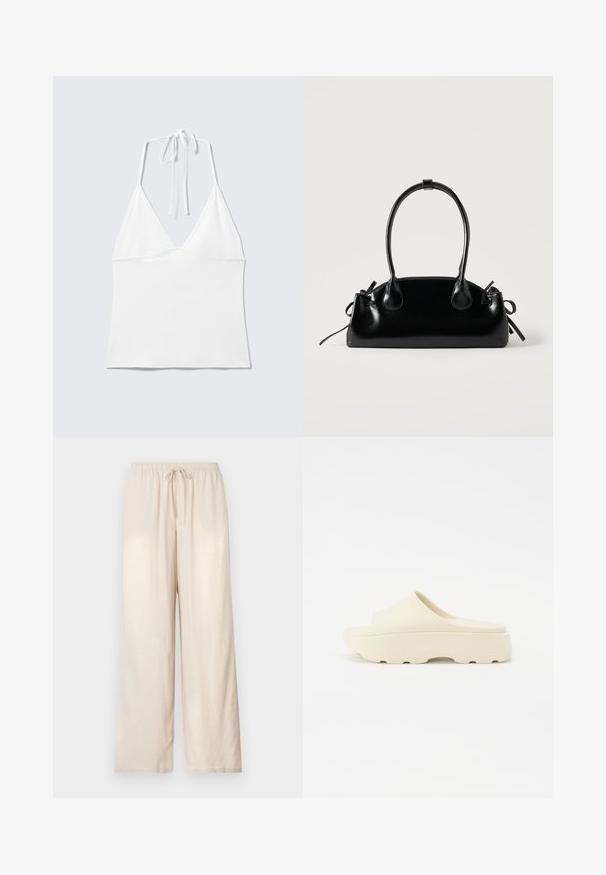 Top blanco sin mangas con cuello halter, copas triangulares y tirantes finos atados al cuello sobre un fondo claro liso.; Pantalones beige de corte holgado con cintura elástica y cordón frontal, de pierna recta, exhibidos sobre un fondo claro y sencillo.; Sandalia beige sin correa con una superficie lisa similar al caucho, puntera redondeada, suela gruesa y fondo texturizado para un mejor agarre. Diseño minimalista.; Pequeño bolso negro brillante con dos asas largas y detalles de cordón lateral sobre un fondo claro liso.
