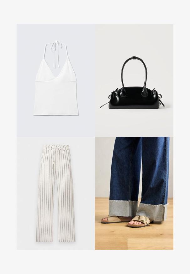 Top blanco sin mangas con cuello halter, copas triangulares y tirantes finos atados al cuello sobre un fondo claro liso.; Pantalones blancos de pierna ancha con finas rayas verticales negras y cinturilla con cordón.; Pies con sandalias Birkenstock beige con hebillas de oro, combinadas con jeans de mezclilla azul oscuro enrollados en los puños, de pie sobre un suelo de madera.; Pequeño bolso negro brillante con dos asas largas y detalles de cordón lateral sobre un fondo claro liso.