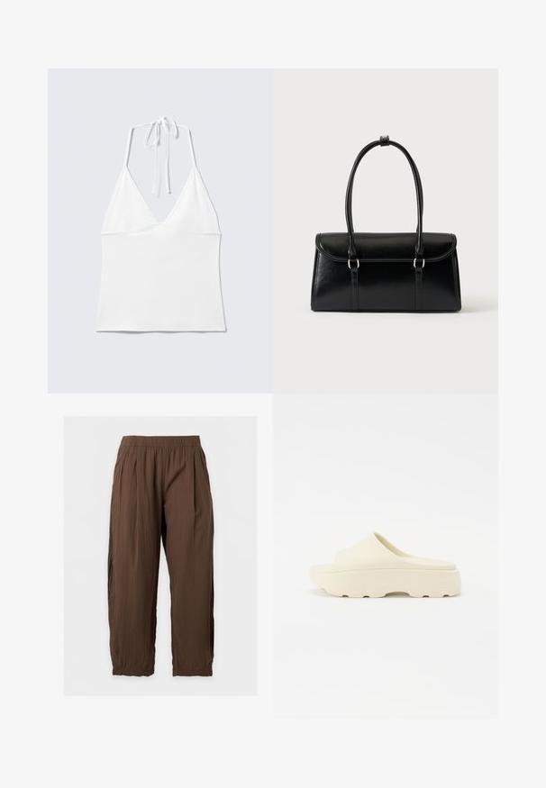 Top blanco sin mangas con cuello halter, copas triangulares y tirantes finos atados al cuello sobre un fondo claro liso.; Pantalones marrones holgados con cintura elástica, perneras rectas y tela fruncida, mostrados sobre un fondo claro y sencillo.; Sandalia beige sin correa con una superficie lisa similar al caucho, puntera redondeada, suela gruesa y fondo texturizado para un mejor agarre. Diseño minimalista.; Bolso rectangular de cuero negro con cierre de solapa y dos asas largas sobre un fondo blanco liso.