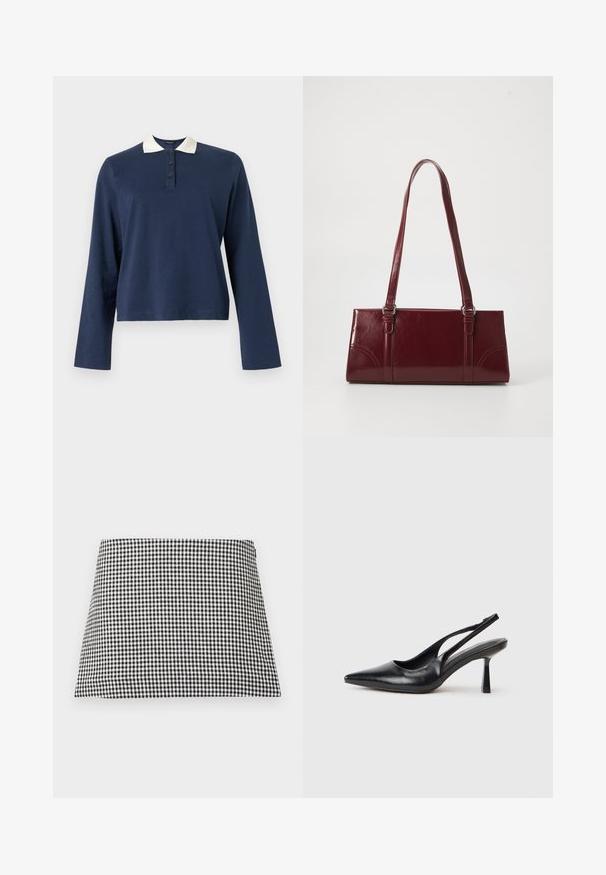 Polo à manches longues bleu marine avec col blanc et patte à trois boutons, présenté sur un fond uni.; Jupe mini trapèze à carreaux noirs et blancs avec une fermeture éclair latérale sur un fond uni.; Chaussure à talon haut en cuir noir, à bride arrière, avec un bout pointu et un talon fin sur fond blanc.; Sac à main bordeaux en matériau brillant, de forme rectangulaire, avec deux anses et des accents légèrement courbés à l'avant.