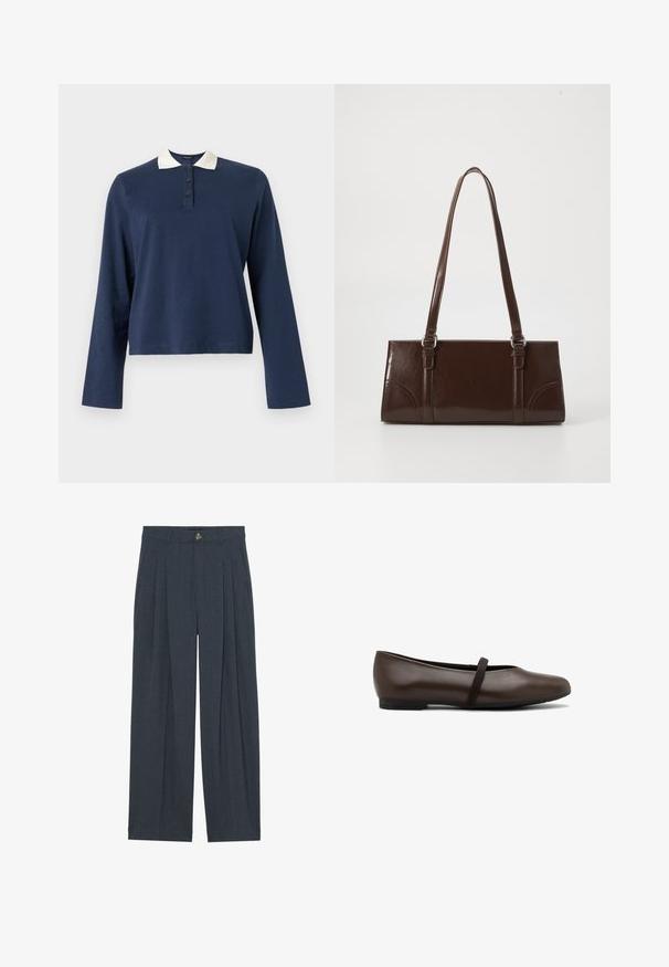 Polo à manches longues bleu marine avec col blanc et patte à trois boutons, présenté sur un fond uni.; Pantalons larges en tissu texturé gris foncé, avec des plis avant, une fermeture à bouton et des poches latérales pour plus de fonctionnalité.; Ballerines en cuir marron avec un bout arrondi et une sangle élastique sur le cou-de-pied. Dotées d'une semelle en caoutchouc noir, basse et flexible.; Sac à main en cuir verni marron de forme rectangulaire, avec deux longues poignées et des accents courbés subtils à l'avant.