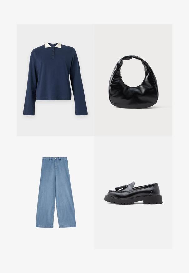 Marineblå langærmet poloshirt med hvid krave og tre-knaps stolpelukning, vist på en ensfarvet baggrund.; Lyseblå vide jeans lavet af denim. Har høj talje, frontlukning med knap og lige ben med en ren kant.; Sorte læderloafer med spids snit, kvastdetalje og chunky gummisål med slidmønster for godt greb.; Sort faux læder håndtaske med en unik halvmåneform, et bredt, polstret håndtag og en lynlåslukning. Glat, blank tekstur og minimalistisk design.