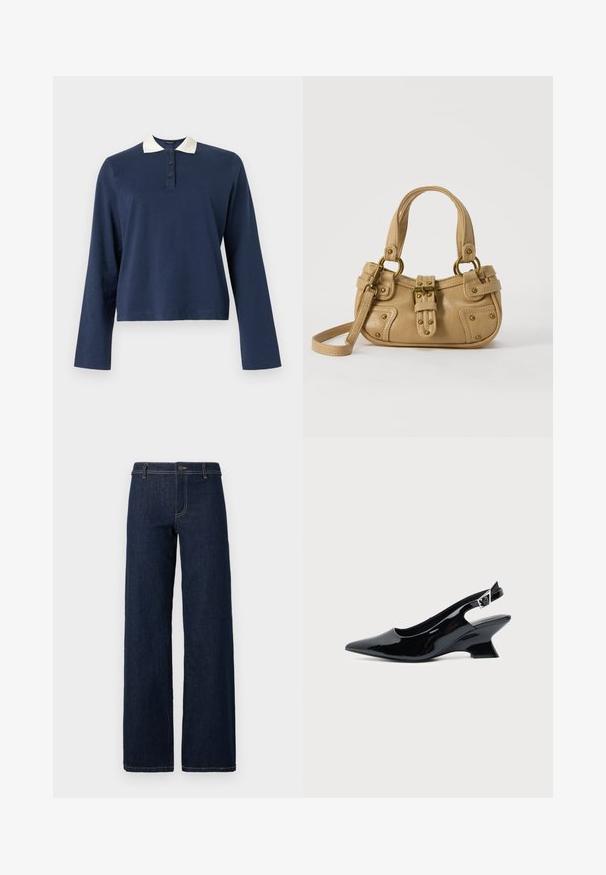 Marineblå langærmet poloshirt med hvid krave og tre-knaps stolpelukning, vist på en ensfarvet baggrund.; Bredde ben mørk vaskede jeans med et klassisk fem-lomme design, lavet af denim, med guldtråd og en knaplukning i taljen.; Sort laklæder slingback sko med spids tå og lav vinklet blokhæl på ensartet lys baggrund.; Beige læderhåndtaske med dobbelte håndtag, messing spænde og nitte detaljer samt en justerbar skulderrem mod en hvid baggrund.