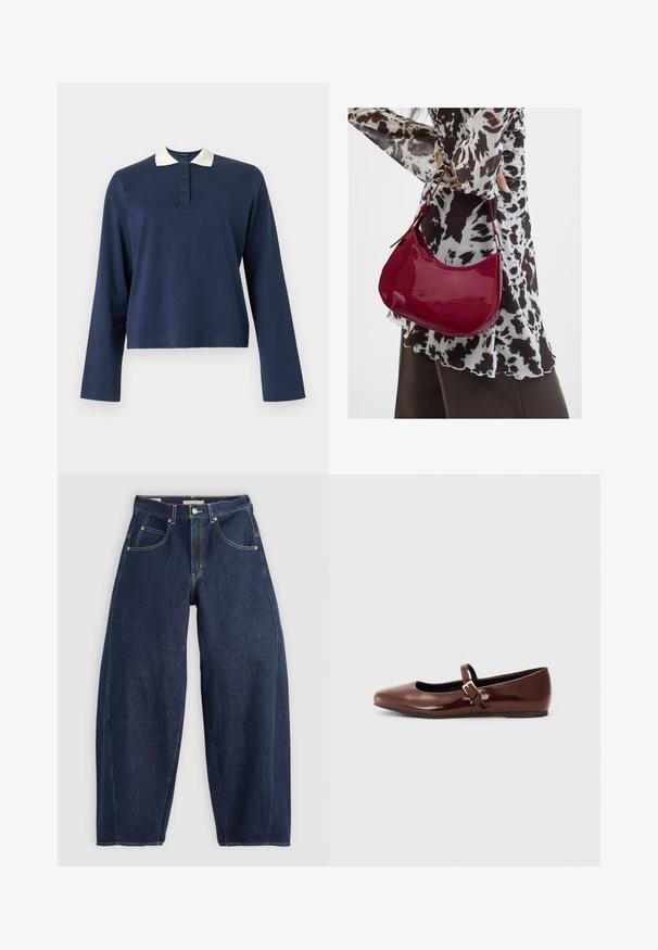 Marineblaue Langarm-Poloshirt mit weißem Kragen und Dreiknopf-Leiste, dargestellt vor einfachem Hintergrund.; Dunkelblaue Denim-Jeans mit lockerer Passform, heller Naht, fünf Taschen und einem Knopfverschluss am Bund.; Braune Lackleder-Ballerinas mit quadratischer Zehenform und Riemen mit einer kleinen goldenen Schnalle. Glatte Textur, niedriger Absatz und minimalistisches Design.; Frau trägt eine schwarz-weiß gemusterte Bluse und hält eine glänzende rote Schultertasche vor einem einfarbigen Hintergrund.