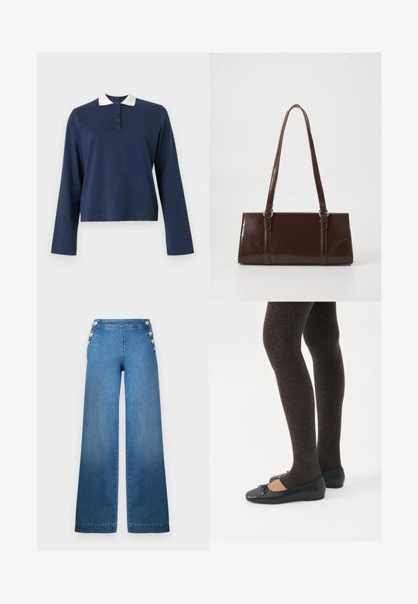 Polo à manches longues bleu marine avec col blanc et patte à trois boutons, présenté sur un fond uni.; Pantalons en denim bleu à jambes larges, avec une taille haute, des accents à boutons sur les côtés, et un ourlet net. Le tissu a une texture lisse avec un léger délavage.; Jambes portant des leggings côtelés foncés associés à des ballerines noires avec de petits détails en nœud sur fond blanc.; Sac à main en cuir verni marron de forme rectangulaire, avec deux longues poignées et des accents courbés subtils à l'avant.