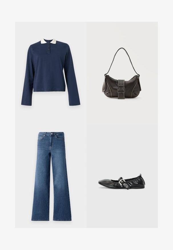 Polo de manga larga azul marino con cuello blanco y tapeta de tres botones, exhibido sobre un fondo liso.; Pantalones vaqueros de denim azul de pierna ancha con una cinturilla estándar, bolsillos delanteros y una textura suave. Sin patrones visibles ni adornos.; Zapato plano de piel negra con puntera afilada, detalle fruncido alrededor de la abertura y un acento de hebilla plateada en la correa ajustable.; Bolso de hombro de cuero negro con detalle de correa con hebilla, bordes curvos y costuras blancas en contraste sobre un fondo liso.