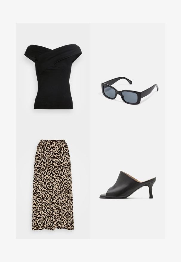 ANDIATA ABELENA - T-shirts print - black; Leopartrykt midi-nederdel i beige og sort. Har en elastisk talje og en plisseret design for øget bevægelse og pasform.; Selected ASHLEY - Mules med hæl - black; Sorte rektangulære solbriller med mørkt tonede linser, tyk plastramme og brede stænger. Glat overflade og kantet design.