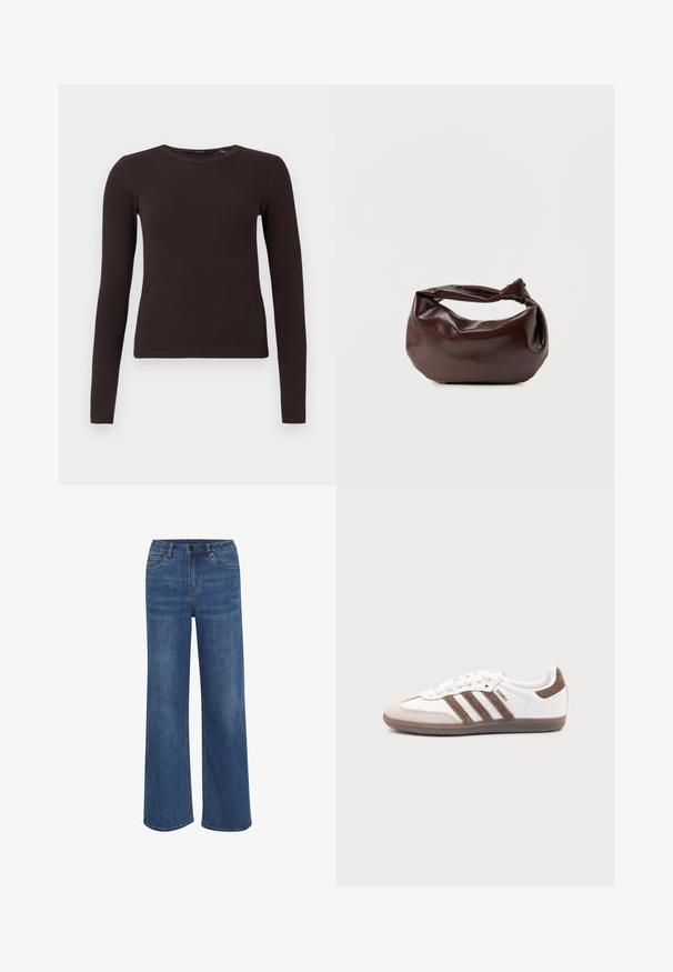 Mørkebrune ribbede langærmede T-shirt med rund hals og tætsiddende silhuet, præsenteret på en simpel hvid baggrund.; Bredde jeans lavet af medium blå denim. Har en knap- og lynlåslukning, fem lommer og subtil falmning på stoffet.; Hvid Adidas Samba sneaker med brune ruskindstriber, brun gummisål og beige ruskindståhætte, vist fra ydersiden på en ensfarvet baggrund.; Mørkebrun læder skuldertaske med en blød, afslappet form og et snoet knudehåndtag på en ensartet hvid baggrund.