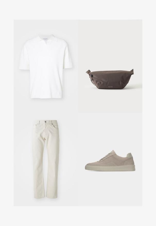 Witte poloschirt met korte mouwen, een kraag en een subtiele v-split. Gemaakt van zachte stof met een gladde textuur.; Lichtbeige jeans van katoen, met een rechte pijp, vijf-pocket stijl en een zilveren metalen knoopsluiting.; Beige suède sneakers met een gestructureerde afwerking, ronde neus en tonale veters. Voorzien van een dikke rubberen zool en subtiele branding op de hiel.; Donkerbruine stoffen heuptas met diagonale ritssluiting en klein wit logo aan de voorkant, tegen een effen lichte achtergrond.