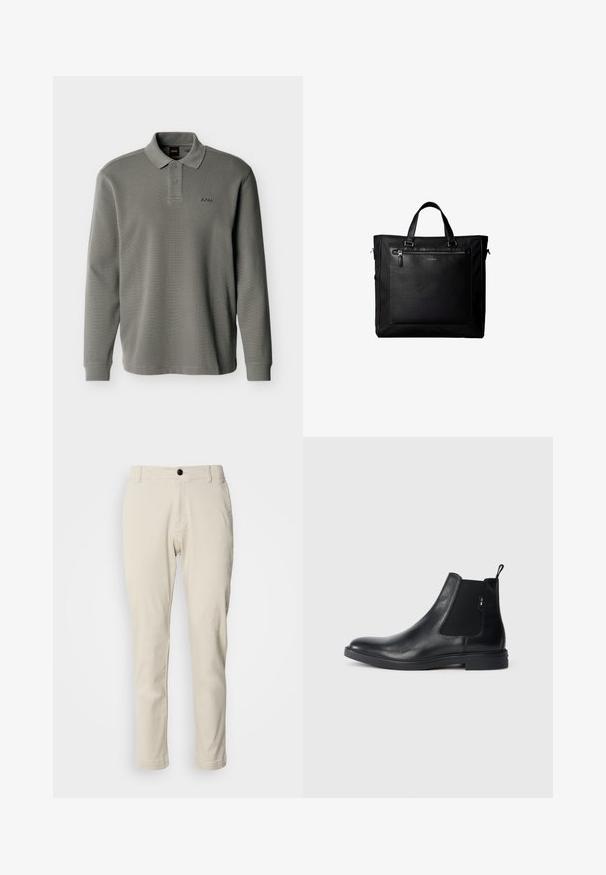 Langærmet grå polo med to knapper og ribbestruktur, med et lille "BOSS"-logo broderet på venstre bryst.; Beige chinos med lige ben, lavet af blødt bomuldsstof, med lynlås og en enkelt sort knaplukning.; Sorte læder Chelsea støvler med elastiske sidepaneler, en pull-tab og en flad gummisål. Glat tekstur med minimal detaljer.; Sort taske med dobbelte håndtag, stor læderlomme foran med lynlås og diskret Calvin Klein-logo midt på lommen.
