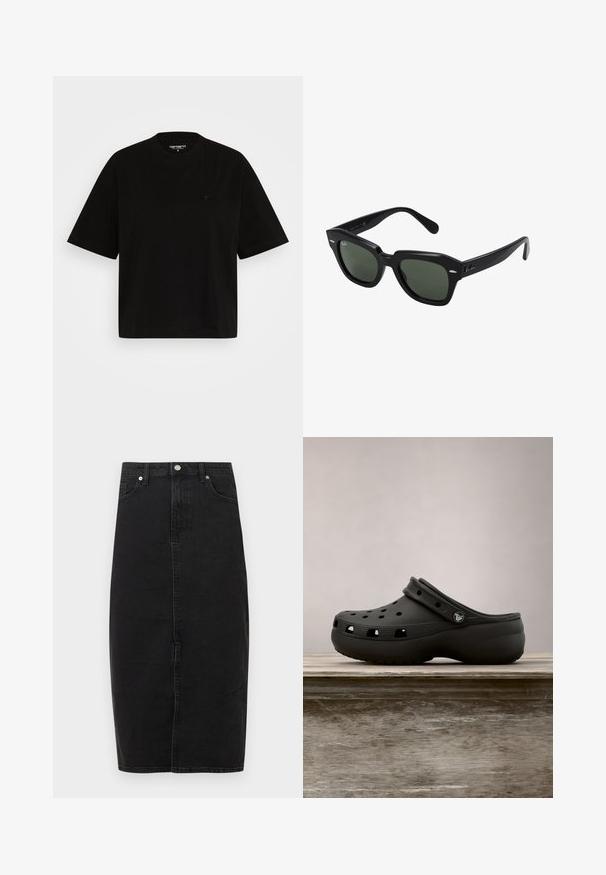 Camiseta de algodón negra con un corte relajado, mangas cortas, cuello redondo y un pequeño detalle del logo en el lado izquierdo del pecho.; Falda de mezclilla negra con cintura alta, largo hasta la rodilla, costura frontal y diseño clásico de cinco bolsillos. Cuenta con botón metálico y textura sutil.; Zueco de goma negro con agujeros de ventilación, tacón elevado, correa trasera y suela texturizada. Acabado liso con un diseño minimalista.; Gafas de sol cuadradas negras con lentes verde oscuro, con montura audaz y acentos plateados en los laterales. Fabricadas en Italia.