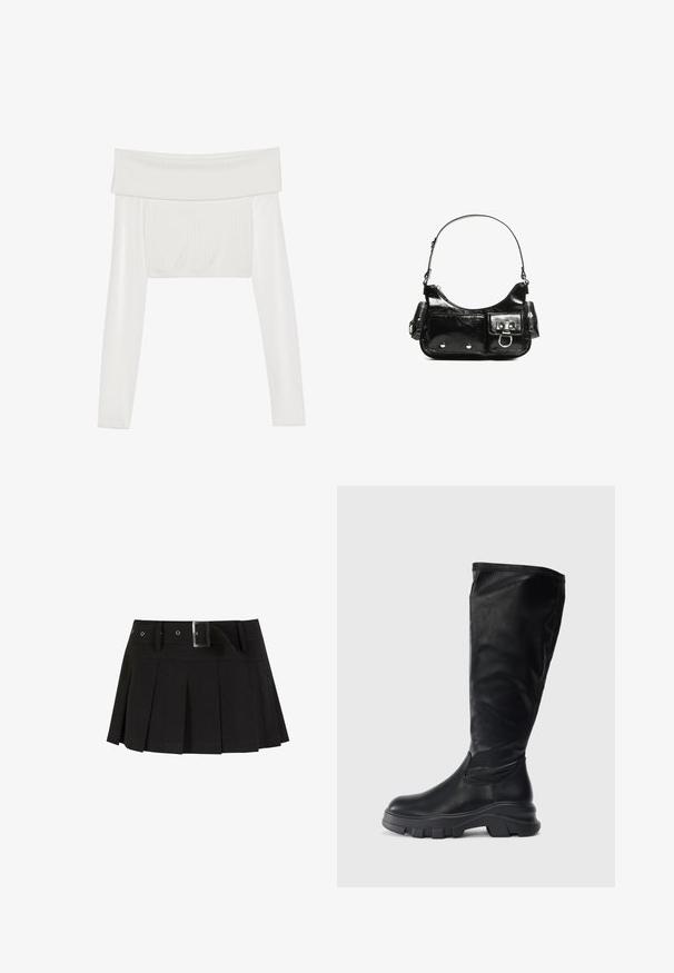 Haut court blanc décolleté avec des manches longues, texture côtelée sur le corps, manches lisses et bande élastique à l'ourlet.; Jupe plissée noire avec une ceinture. Confectionnée dans un tissu lisse, avec une boucle en métal argenté et une taille structurée pour plus de style.; Bottes noires montantes en cuir lisse, dotées d'une semelle en caoutchouc épaisse avec une adhérence texturée et un design épuré.; Sac à main en cuir verni noir avec une forme incurvée, une bandoulière, des poches avant et des accents en métal argenté.