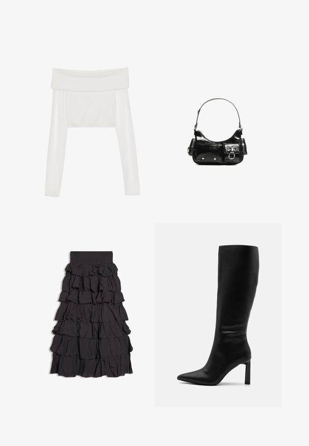 Haut court blanc décolleté avec des manches longues, texture côtelée sur le corps, manches lisses et bande élastique à l'ourlet.; Jupe noire à volants superposés avec une large ceinture, présentant plusieurs couches créant un effet texturé et volumineux.; Even&Odd by Zalando Bottes - black; Sac à main en cuir verni noir avec une forme incurvée, une bandoulière, des poches avant et des accents en métal argenté.