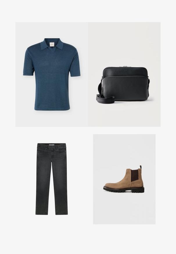 Mørkeblå kortærmet strikket poloshirt med åben V-halskrave, vist på en ensartet lys grå baggrund.; Sorte Wrangler jeans med lige ben, forreste knap, lynlås, bæltestropper og design med fem lommer på hvid baggrund.; Brun ruskinds Chelsea-støvle med elastiske sidelapper, rund tå og robust sort sål. Har en trækflap bagpå for nem påtagning.; Sort tekstureret læder crossbody-taske med to lynlåslommer og justerbar skulderrem på en ensartet lys baggrund.