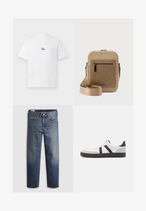 Weißes Kurzarm-T-Shirt mit einer kleinen schwarzen, roten und weißen Newton Pendel Grafik, die zentriert auf der Brust ist.; Dunkelblaue Jeans aus Denim mit lockerem Sitz, geraden Beinen, Fünf-Taschen-Design und dezentem Used-Look an den Oberschenkeln. Silberner Knopf und Nieten.; Weiße Sneaker mit schwarz- und grau-aczenten, ausgestattet mit einer strukturierten grauen Zehenkappe, schwarzer Gummi-Sohle und flachen weißen Schnürsenkeln. Sauberes Design, minimalistische Stil.; Kleine beige Umhängetasche mit vorderer Reißverschlusstasche, metallischem ALDO-Logo, verstellbarem breitem Riemen und abgerundeter rechteckiger Form vor weißem Hintergrund.