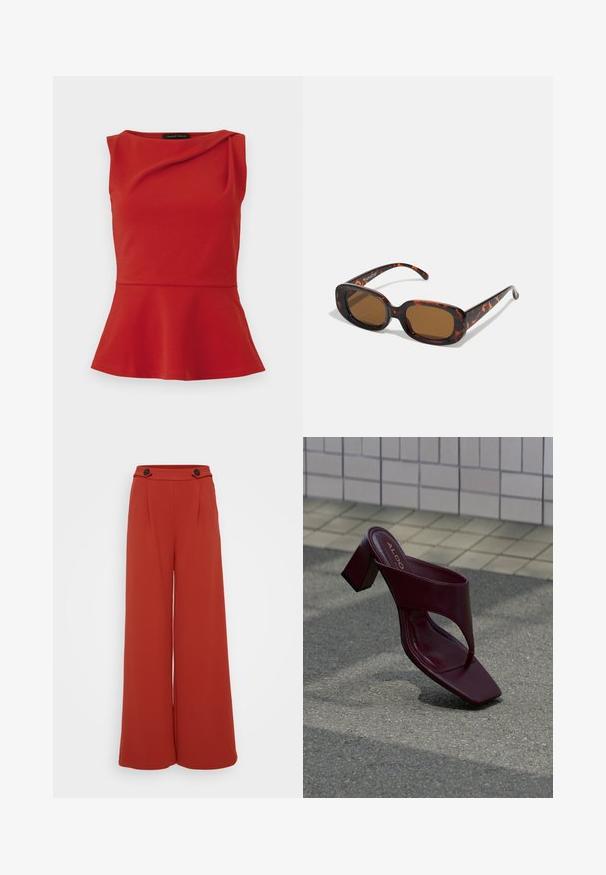 Top rojo sin mangas con peplum, escote asimétrico y ligero drapeado cerca del cuello, etiquetado como Anna Field.; Pantalones anchos de talle alto en color rojo óxido con dos botones oscuros en la cinturilla sobre un fondo blanco.; Sandalia de tacón alto de color rojo oscuro con puntera cuadrada y tira ancha, situada sobre un fondo de superficie de baldosas y asfalto.; Gafas de sol de carey con forma rectangular, lentes marrones, montura de plástico suave y varillas delgadas que presentan sutiles patrones tonales.