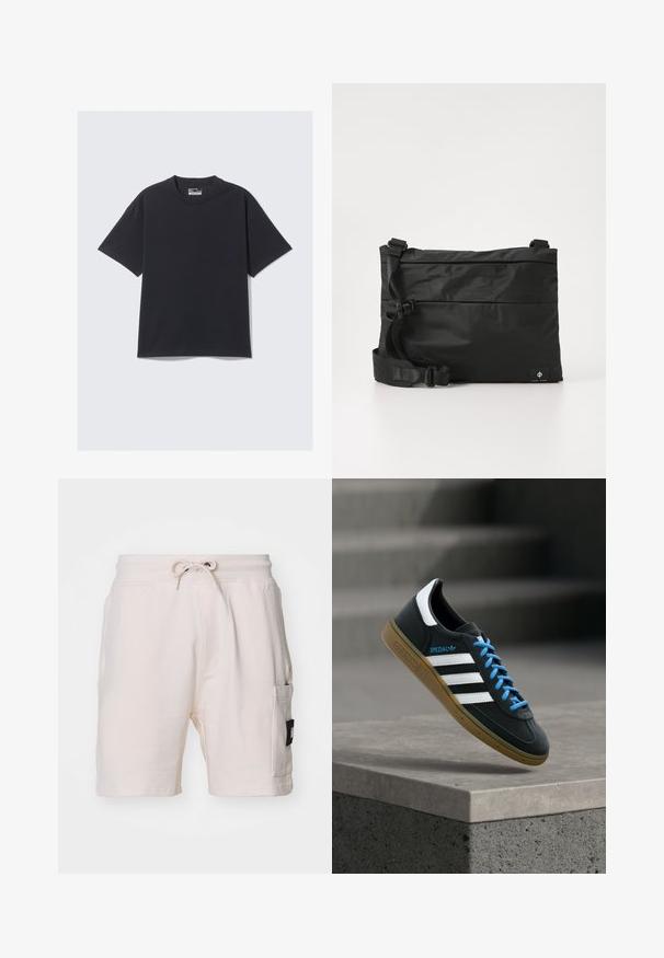 T-shirt en coton noir avec un col rond classique, des manches courtes et une coupe décontractée. Texture lisse avec un minimum de détails de couture.; Shorts en coton beige clair avec une taille élastique, cordon de serrage, poches latérales et une étiquette en patch noire notable sur le côté.; Baskets Adidas noires avec des rayures blanches, des lacets bleus et une semelle en gomme flottant au-dessus d'une marche en béton grise sous une lumière douce.; Sac messager en nylon noir avec une sangle réglable, un design plat et une étiquette latérale arborant un logo. Texture lisse et style minimaliste.