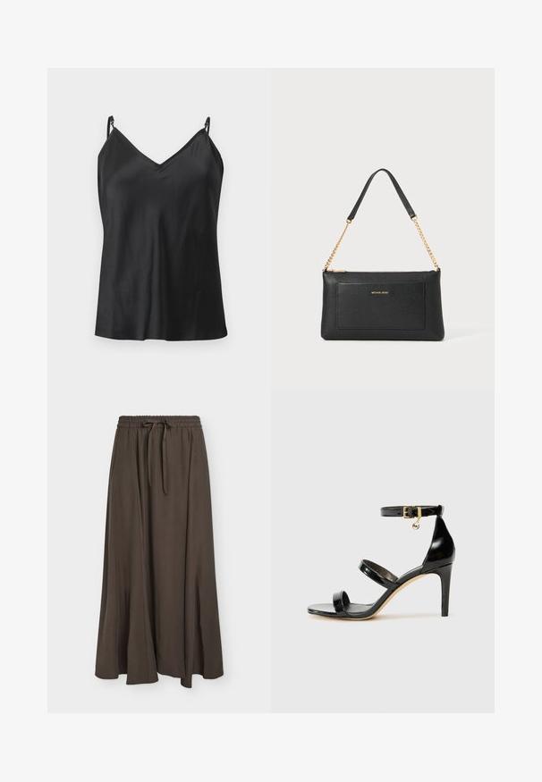 Haut caraco en satin noir avec bretelles fines réglables et encolure en V, présenté sur un fond gris clair.; Longue jupe marron foncé avec taille élastique et cordon, tissu lisse, légère évasement, suspendue à plat sur fond clair.; Sandale en cuir verni noir avec trois brides, boucle de cheville et talon aiguille de 10 cm. Présente un détail en métal doré et un charm logo.; Pochette en cuir noir avec une texture en relief, bandoulière en chaîne dorée et une poche avant. Elle arbore un logo doré sur le devant.