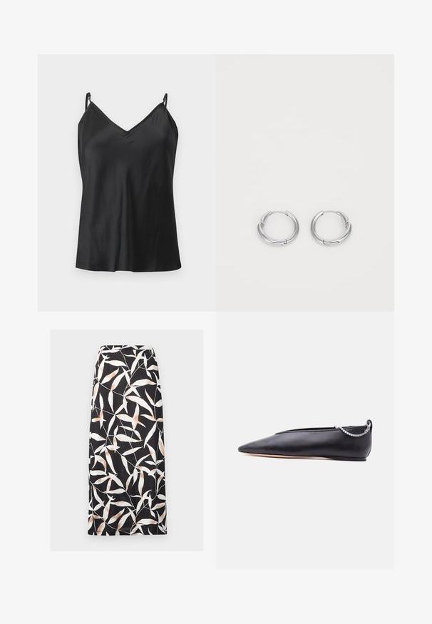 Haut caraco en satin noir avec bretelles fines réglables et encolure en V, présenté sur un fond gris clair.; Jupe midi noire avec motif abstrait de feuilles blanches et beiges, coupe droite et taille ajustée.; Chaussure plate noire en cuir pointue avec un petit talon et un détail de chaîne argentée à l'arrière sur un fond uni.; Boucles d'oreilles en argent en forme de rond, avec une finition lisse et polie. Éléments circulaires avec un petit fermoir pour la fermeture. Design minimaliste, léger.