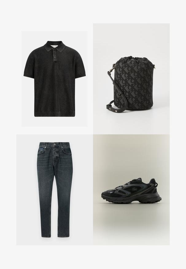 Polo de punto negro de manga corta con tapeta de tres botones y cuello, puños y dobladillo acanalados, presentado sobre un fondo liso.; Jeans de mezclilla gris oscuro con un diseño de pierna recta, cinco bolsillos, cierre de botón y un ligero desgaste. Hechos de algodón con una textura suave.; Zapatilla deportiva negra con paneles de malla, suela texturizada, cordones y una silueta curvada con acentos plateados en los laterales.; Bolsa tipo cubo negra con cordón, hecha de tela texturizada; presenta un patrón sutil y una correa de cuero ajustable con un cierre metálico y detalles.